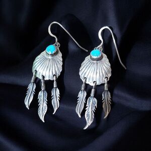 Vintage Navajo Sterling Silver Turquoise Earrings Drop Feathers